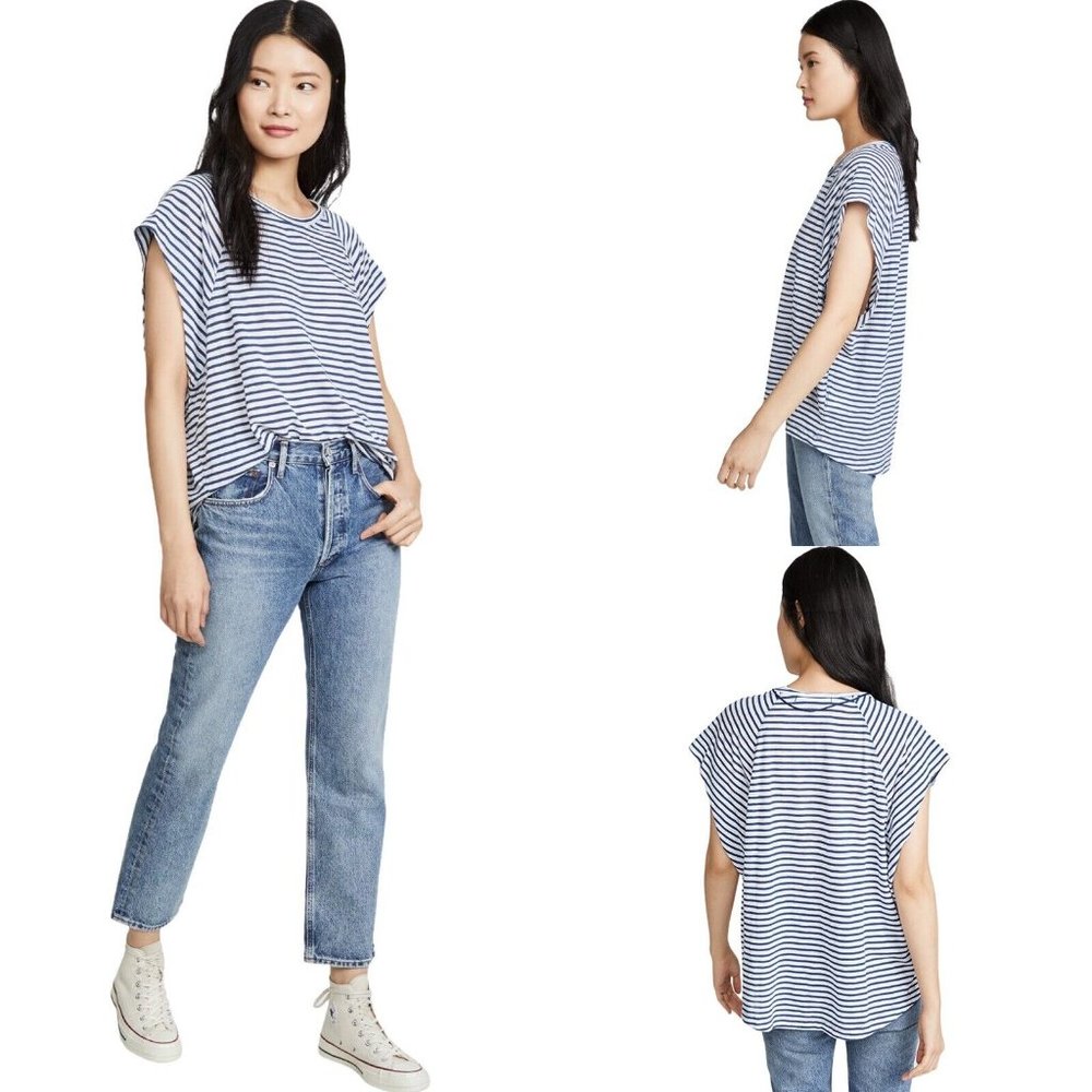 Free People Navy and White Striped Rolled-Sleeve Tee